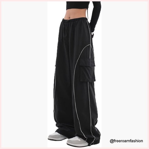 Pants - Y2K Parachute Track Pants Low Rise Baggy Wide Leg Cargo Pants
